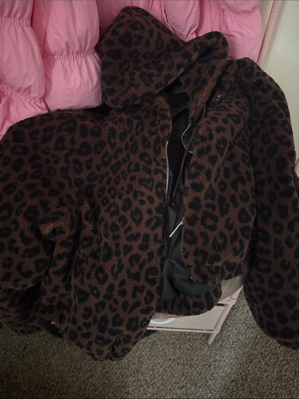 Victoria’s Secret PINK Leopard Print Hooded Faux Fur Jacket - Brown